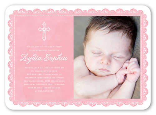 Delicate Lace Girl Baptism Invitation, Pink, Pearl Shimmer Cardstock, Rounded