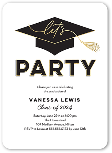 Party Cap Graduation Invitation, White, 5x7, Standard Smooth Cardstock, Rounded