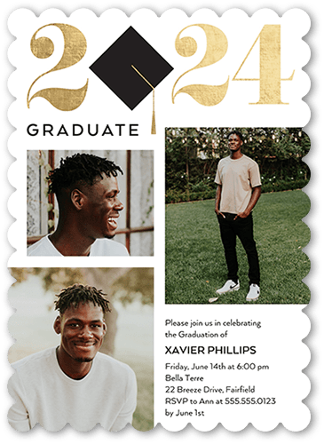 Iconic Cap Graduation Invitation, White, 5x7 Flat, Pearl Shimmer Cardstock, Scallop