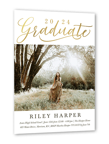 Exultant Grad Graduation Invitation, White, Gold Foil, 5x7 Flat, Pearl Shimmer Cardstock, Square