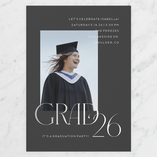 Accomplished Type Graduation Invitation, Black, Silver Foil, 5x7 Flat, Matte, Signature Smooth Cardstock, Square, Black