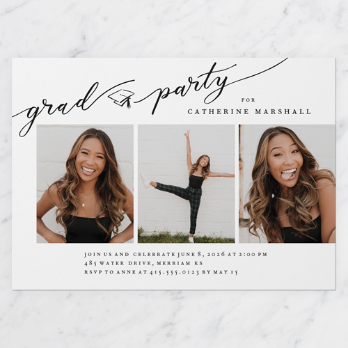 Flourished Grad Graduation Invitation, Black, 5x7 Flat, Matte, Signature Smooth Cardstock, Square, Black