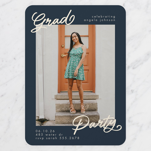 Written Wanderlust Graduation Invitation, Blue, 5x7 Flat, Matte, Signature Smooth Cardstock, Rounded, Navy