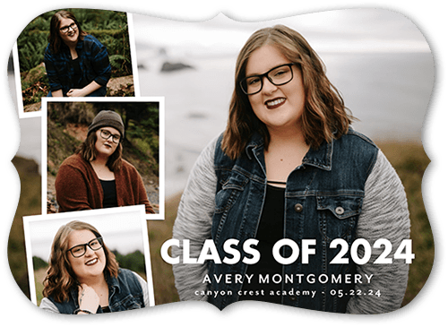 Class Snaps Graduation Announcement, White, 5x7 Flat, Pearl Shimmer Cardstock, Bracket