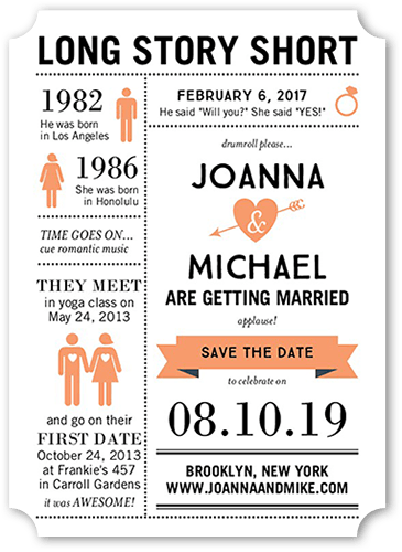 Long Story Short Save The Date, Orange, Pearl Shimmer Cardstock, Ticket