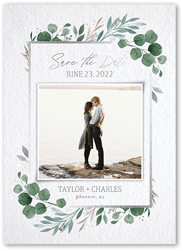Brushed Botanic Save The Date, Green, 5x7, Pearl Shimmer Cardstock, Square
