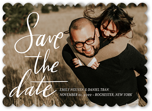 Handwritten Engagement Save The Date, White, 5x7 Flat, Pearl Shimmer Cardstock, Scallop