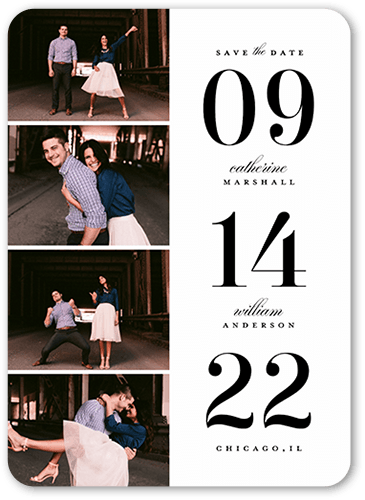 Vertical Date Save The Date, White, 5x7 Flat, 100% Recycled Cardstock , Rounded
