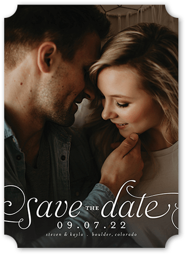 Romantic Flourish Save The Date, White, 5x7, Pearl Shimmer Cardstock, Ticket