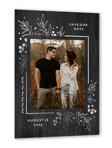 Lustrous Foliage Save The Date, Black, Silver Foil, 5x7, Pearl Shimmer Cardstock, Square