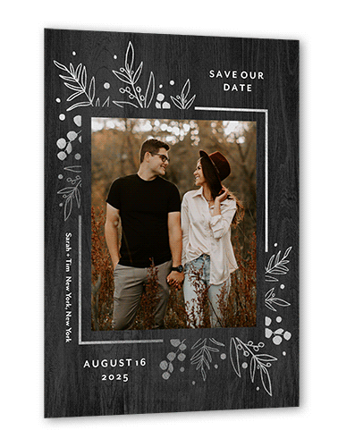 Lustrous Foliage Save The Date, Black, Silver Foil, 5x7 Flat, Pearl Shimmer Cardstock, Square, Black