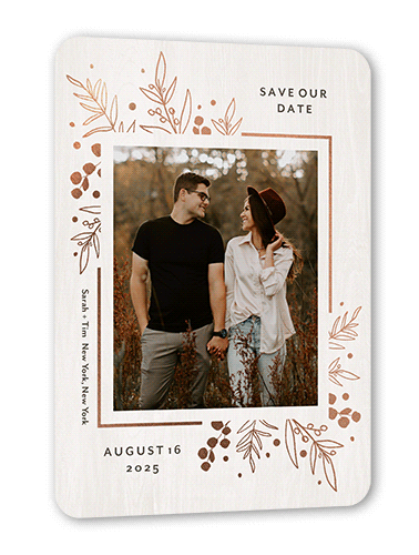 Lustrous Foliage Save The Date, Rose Gold Foil, White, 5x7 Flat, Matte, Signature Smooth Cardstock, Rounded, White
