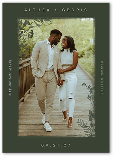 Graceful Corners Save The Date, Green, 5x7 Flat, Luxe Double-Thick Cardstock, Square, Pine