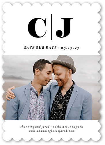 Two Together Save The Date, White, 5x7 Flat, Pearl Shimmer Cardstock, Scallop