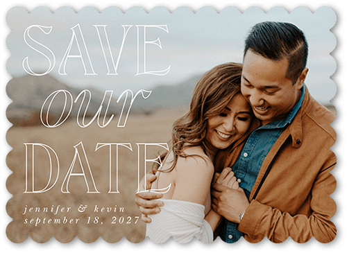 Soft Outlines Save The Date, White, 5x7 Flat, Pearl Shimmer Cardstock, Scallop
