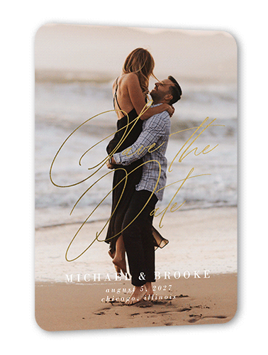 The Time Is Set Save The Date, White, Gold Foil, 5x7 Flat, Pearl Shimmer Cardstock, Rounded