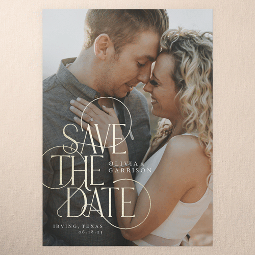 Peaceful Penmanship Save The Date, White, Gold Foil, 5x7 Flat, Pearl Shimmer Cardstock, Square