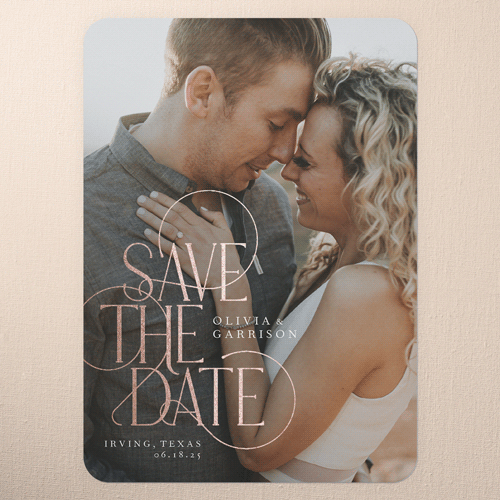 Peaceful Penmanship Save The Date, White, Rose Gold Foil, 5x7 Flat, Pearl Shimmer Cardstock, Rounded, White