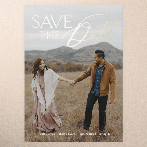 Glamorous Announcement Save The Date, White, Gold Foil, 5x7 Flat, Matte, Signature Smooth Cardstock, Square, White