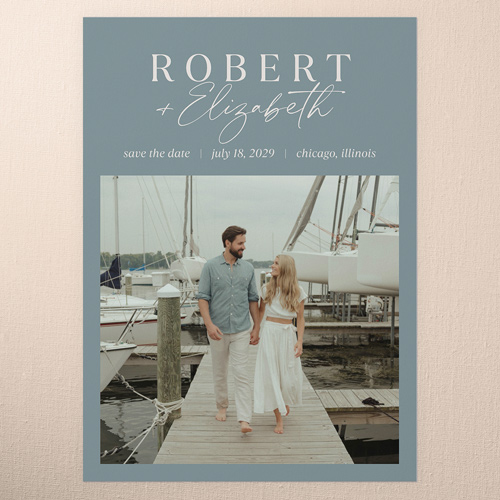 Novel Keepsake Save The Date, Blue, 5x7 Flat, Pearl Shimmer Cardstock, Square, Powder Blue