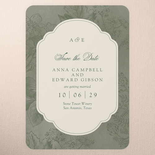 Classic Blossoms Save The Date, Green, 5x7 Flat, Matte, Signature Smooth Cardstock, Rounded, Bark