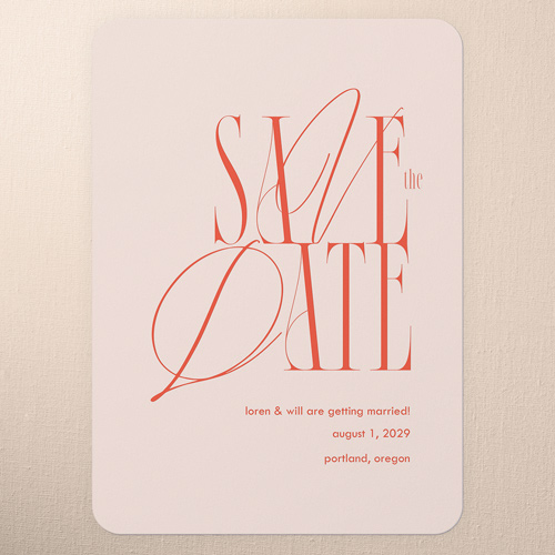 Iconic Impression Save The Date, Pink, 5x7 Flat, Pearl Shimmer Cardstock, Rounded, Strawberry
