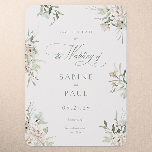 Floral Promise Save The Date, Green, 5x7 Flat, 100% Recycled Cardstock , Rounded, Basil