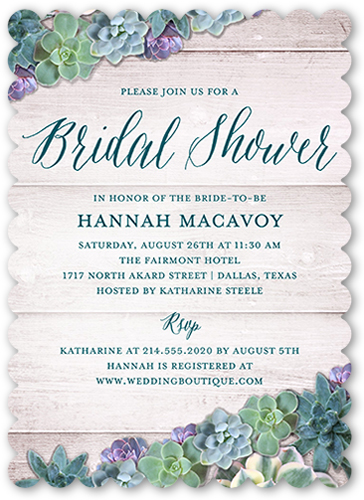 Spectacular Succulents Bridal Shower Invitation, Blue, Pearl Shimmer Cardstock, Scallop