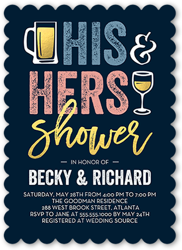 His And Hers Shower Bridal Shower Invitation, Blue, Pearl Shimmer Cardstock, Scallop