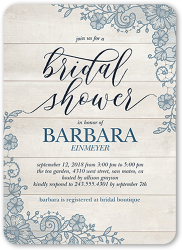 Lovely Lace Frame Bridal Shower Invitation, Blue, Matte, Signature Smooth Cardstock, Rounded