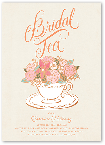Floral Teacup Bridal Shower Invitation, Beige, Standard Smooth Cardstock, Square