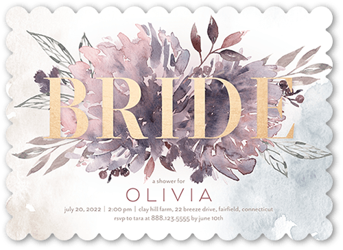 Watercolor Flowers Bridal Shower Invitation, Purple, 5x7 Flat, Pearl Shimmer Cardstock, Scallop