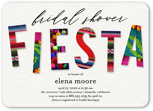 Patterned Fiesta Bridal Shower Invitation, White, 5x7 Flat, Pearl Shimmer Cardstock, Rounded