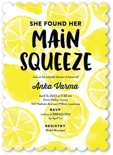 Main Squeeze Bridal Shower Invitation, Yellow, 5x7 Flat, Matte, Signature Smooth Cardstock, Scallop, White