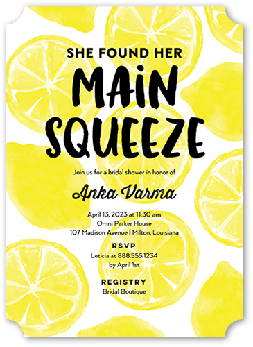 Main Squeeze Bridal Shower Invitation, Yellow, 5x7 Flat, Pearl Shimmer Cardstock, Ticket