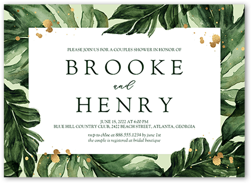 Frond Frame Bridal Shower Invitation, Green, 5x7 Flat, Pearl Shimmer Cardstock, Square