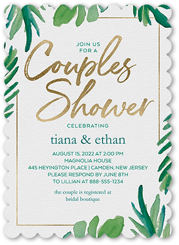 Coupled Leaves Bridal Shower Invitation, Green, 5x7, Matte, Signature Smooth Cardstock, Scallop