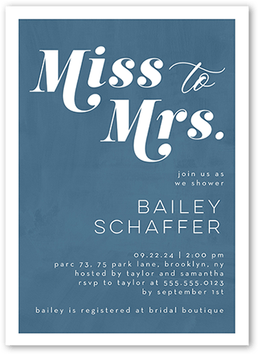 New Mrs Bridal Shower Invitation, Blue, 5x7 Flat, Luxe Double-Thick Cardstock, Square, Silver Lake