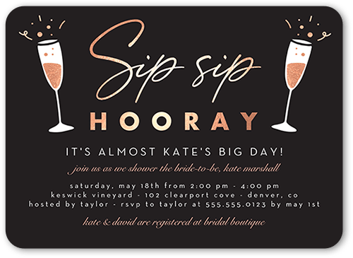Sip Sip Shower Bridal Shower Invitation, Black, 5x7 Flat, Matte, Signature Smooth Cardstock, Rounded