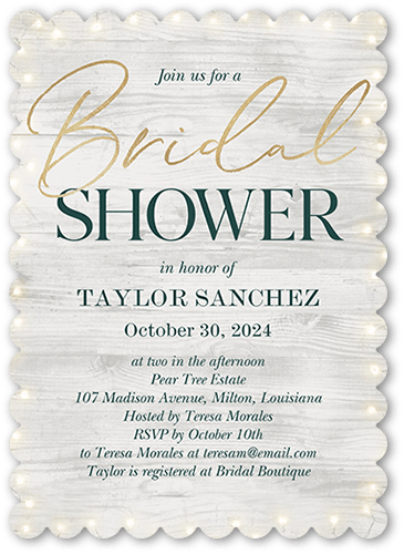 Rustic Lit Bridal Shower Invitation, Gray, 5x7 Flat, Pearl Shimmer Cardstock, Scallop
