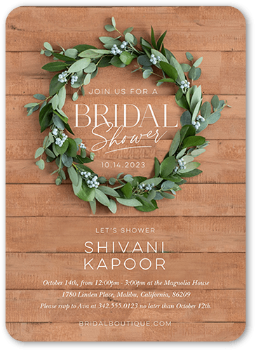 Winsome Wreath Bridal Shower Invitation, Brown, 5x7 Flat, Matte, Signature Smooth Cardstock, Rounded