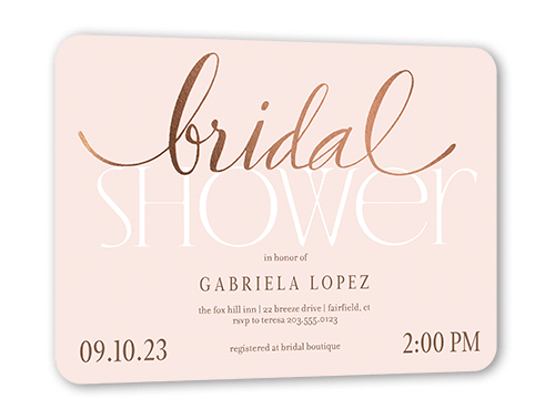 Modern Bride Bridal Shower Invitation, Pink, Rose Gold Foil, 5x7 Flat, Pearl Shimmer Cardstock, Rounded