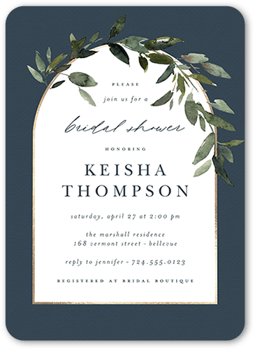 Wreathed Archway Bridal Shower Invitation, Blue, 5x7 Flat, Standard Smooth Cardstock, Rounded