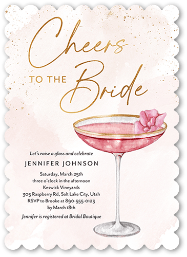 Cheers To The Bride Bridal Shower Invitation, Pink, 5x7, Pearl Shimmer Cardstock, Scallop