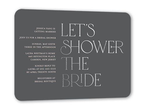 For The Bride Bridal Shower Invitation, Gray, Silver Foil, 5x7 Flat, Pearl Shimmer Cardstock, Rounded, Gray