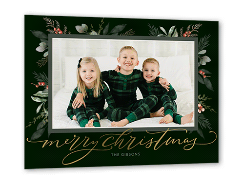 Magnificent Mistletoe Holiday Card, Gold Foil, Green, 5x7, Christmas, Pearl Shimmer Cardstock, Square