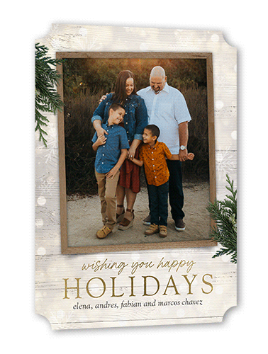 Shiny Bokeh Holiday Card, Beige, Gold Foil, 5x7, Holiday, Pearl Shimmer Cardstock, Ticket
