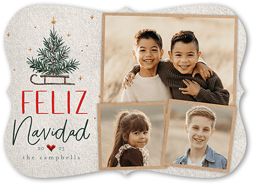 Embroidered Tree Holiday Card, Grey, 5x7 Flat, Feliz Navidad, Pearl Shimmer Cardstock, Bracket