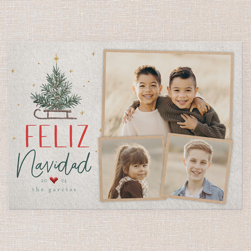 Embroidered Tree Holiday Card, Grey, 5x7 Flat, Feliz Navidad, Pearl Shimmer Cardstock, Square