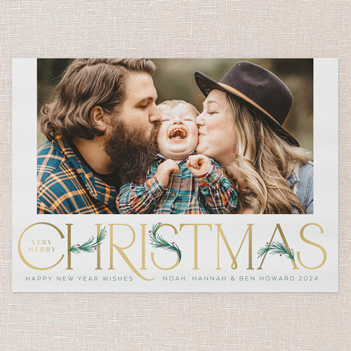 Art Deco Evergreen Holiday Card, White, 5x7 Flat, Christmas, Pearl Shimmer Cardstock, Square